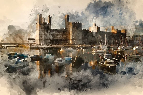 Watercolor painting of medieval castle overlooking harbour full of sailing boats