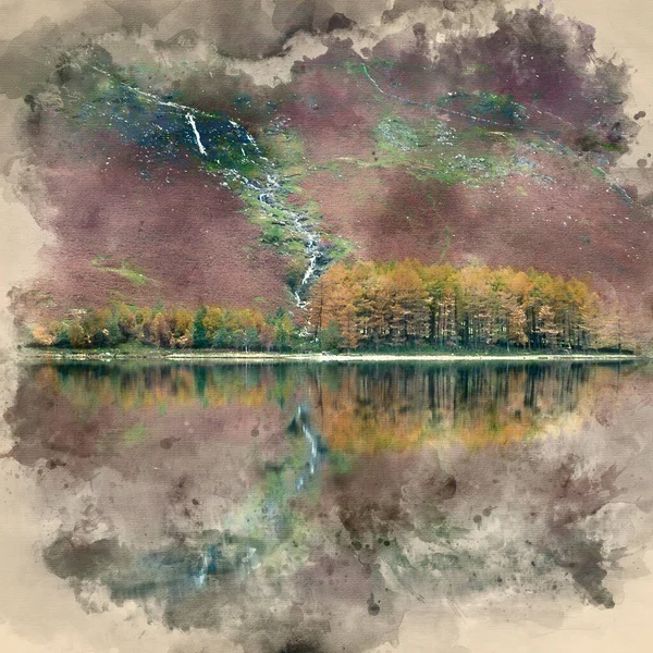 Akvarell Målning Häpnadsväckande Höst Falla Landskap Bild Sjön Buttermere Lake — Stockfoto