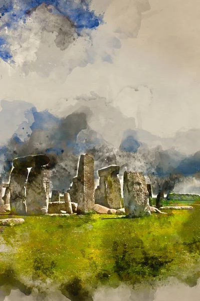 Pintura Acuarela Stonehenge Inglaterra Cielo Azul Día Verano — Foto de Stock