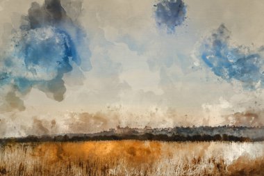 Ortaçağ şatosundaki güzel gündoğumunun suluboya resmi