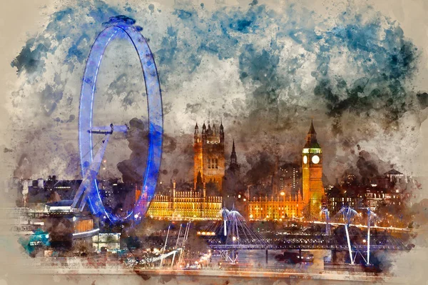 Υδατογραφία Των Κατοικιών Του Κοινοβουλίου Big Ben Και Λονδίνο Eye — Φωτογραφία Αρχείου