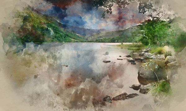 Akvarel Malba Ohromující Barevný Východ Slunce Nad Llyn Gwynant Národním — Stock fotografie