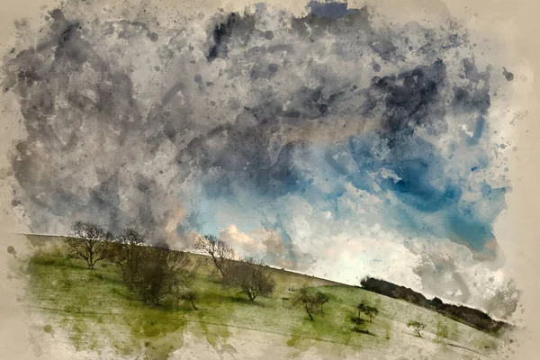 Watercolor Painting Beautiful Stormy Dramatic Cloud Formations Czech Countryside Landscape — Stock fotografie