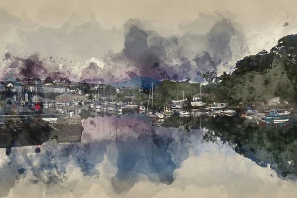 Aquarell Gemälde Von Sonnenuntergang Reflexionen Von Booten Hafen Sommer — Stockfoto