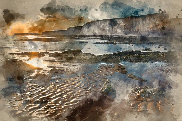 Aquarellmalerei Der Landschaft Bild Des Felsigen Strandes Bei Sonnenuntergang Mit — Stockfoto