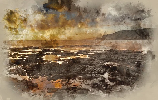 Malarstwo Akwarelowe Oszałamiający Ocean Krajobrazowy Zachodzie Słońca Dramatyczne Chmury — Zdjęcie stockowe