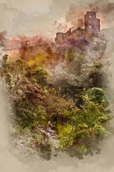 Pittura Acquerello Belle Rovine Sognanti Castello Fiabesco Contro Romantica Alba — Foto Stock