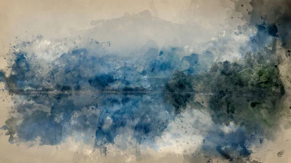 Watercolor Painting Landscape Llyn Crafnant Foggy Morning Snowdonia National Park — Stock Photo, Image