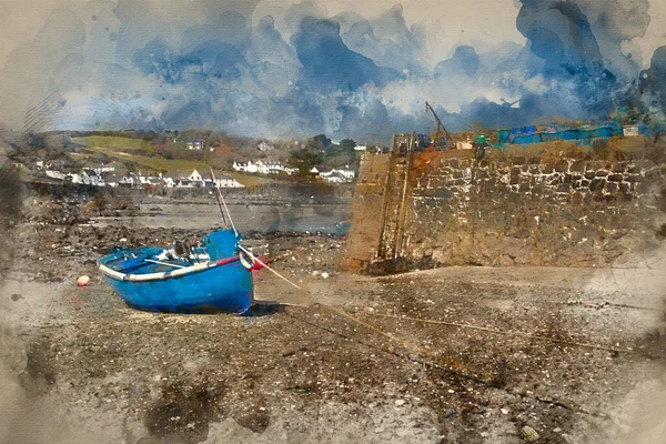 Pintura Aquarela Porto Maré Baixa Com Barcos Pesca Coverack Inglaterra — Fotografia de Stock