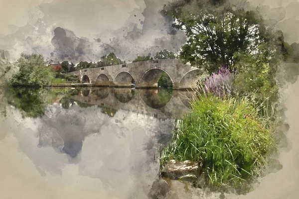 Aquarelverf Schilderij Van Ochtendlandschap Chertsey Bridge Theems Londen — Stockfoto