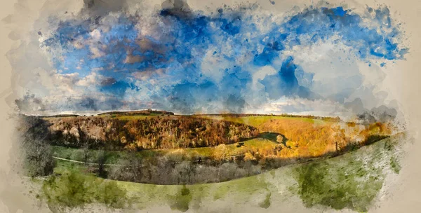 Akvarel Malba Krásné Velké Panorama Krajiny Jasném Jarním Ránu — Stock fotografie