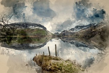 Snowdonia Ulusal Parkı 'ndaki Llyn Nantlle' da kar örtülü dağlarla birlikte güzel gündoğumu manzarasının dijital suluboya resmi.