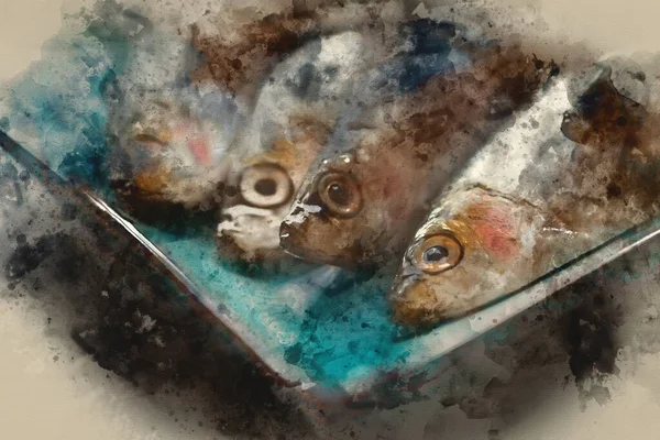 Digitale Aquarellmalerei Von Frischen Sprotten Fisch Auf Servierteller — Stockfoto