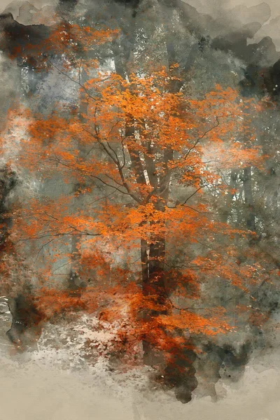 Digitale Aquarellmalerei Von Surrealen Alternativen Farbfantasien Herbst Wald Landschaft Konzeptionelles — Stockfoto