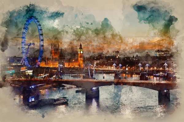 Pintura Digital Acuarela Del Horizonte Londres Por Noche Incluyendo Parlamento — Foto de Stock