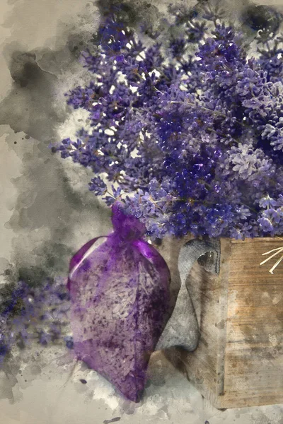 Pittura Digitale Acquerello Bel Mazzo Lavanda Ambiente Rustico Stile Domestico — Foto Stock