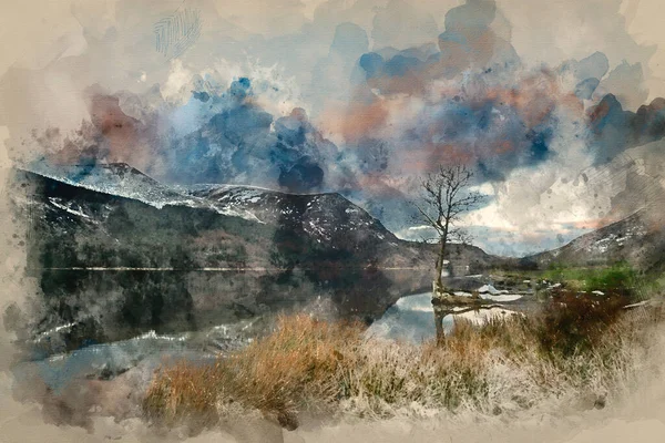 Digital Watercolor Painting Beautiful Sunrise Landscape Image Winter Llyn Cwellyn — Stock Photo, Image