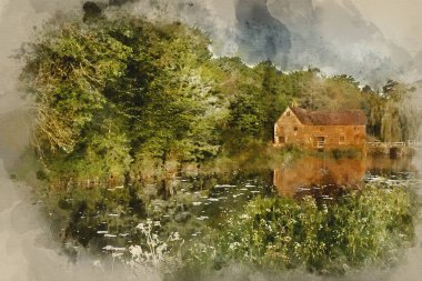 Nehir boyunca sabahın erken saatlerinde Old Mill 'e yapılan dijital suluboya resim. 