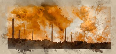 Endüstriyel baca yığınlarının dijital suluboya resimleri doğal bir manzara ortamında havayı kirletiyor.