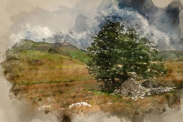 Digital Watercolor Painting Evening Landscape Image Llyn Dywarchen Lake Snowdonia — 스톡 사진