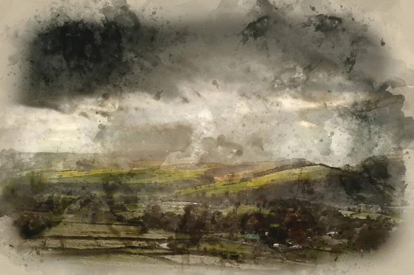 Digitales Aquarell Von Sonnenstrahlen Über Dem Big Moor Peak District — Stockfoto