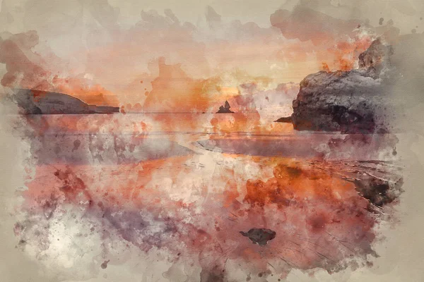 Digitální Akvarel Malba Ohromující Východ Sluncemys Idylické Broadhaven Bay Pláž — Stock fotografie