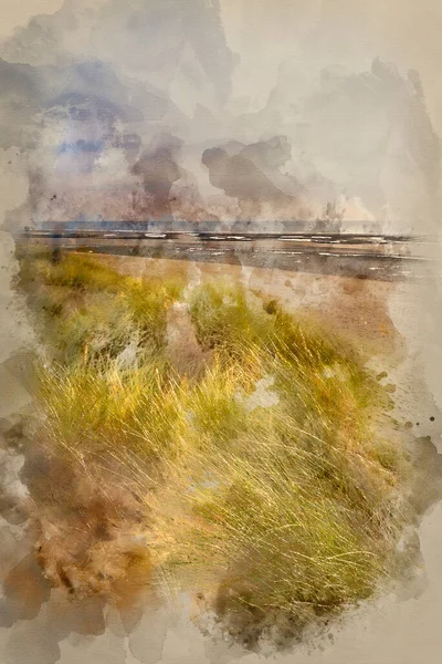 Digital Watercolor Painting Evening Summer Landscape Grassy Sand Dunes Beach — Stock Photo, Image