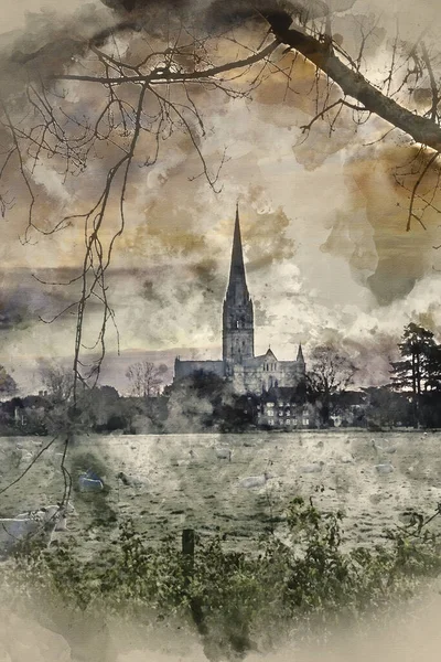 冬の日の出風景のデジタル水彩画イギリスのソールズベリー大聖堂都市 — ストック写真