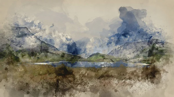 Cyfrowe Malarstwo Akwarelowe Wieczorny Krajobraz Jeziora Llyn Dywarchen Parku Narodowym — Zdjęcie stockowe
