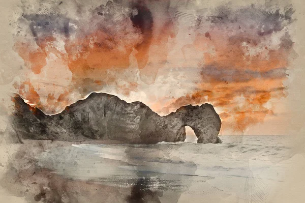 Digital Watercolor Painting Sunrise Durdle Door Jurassic Coast England — Stock Photo, Image