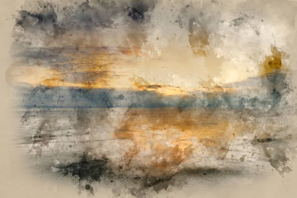 Pintura Aquarela Digital Bela Paisagem Colorida Nascer Sol Sobre Mar — Fotografia de Stock