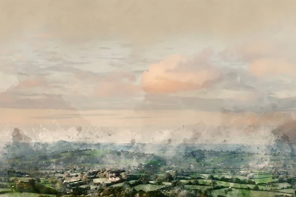 Digitale Aquarellmalerei Der Schönen Sonnenaufgangslandschaft Über Somerset Levels Der Englischen — Stockfoto