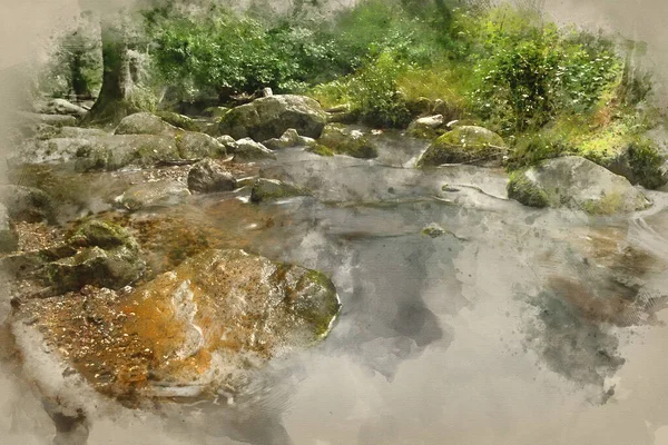 Cyfrowy Obraz Akwarelowy Wodospadu Becky Falls Parku Narodowym Dartmoor Anglia — Zdjęcie stockowe