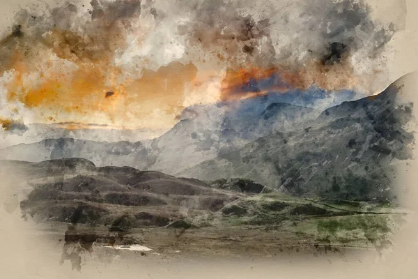 Digital Watercolor Painting Stunning Sunrise Mountain Landscape Vibrant Colors Beautiful — Stock Photo, Image