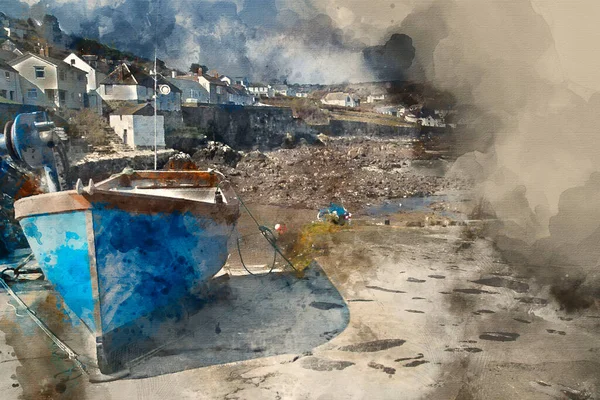 Digitální Akvarel Malba Přístavu Odlivu Rybářskými Čluny Staré Cornwallské Rybářské — Stock fotografie