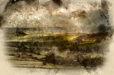 Sonbaharda Peak District Ulusal Parkı 'ndaki Big Moor' un üzerindeki güneş ışınlarının dijital suluboya tablosu