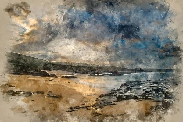 英国康沃尔海岸线上高德维令人惊叹的日出景观的数字水彩画 — 图库照片
