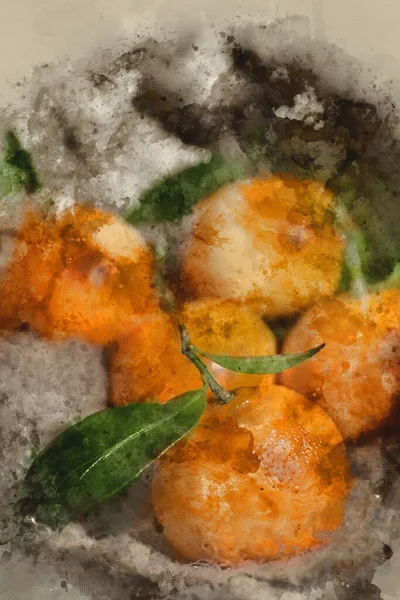 Digital Akvarellmålning Apelsiner Stjälk Rustik Miljö Med Gammal Trälåda Och — Stockfoto