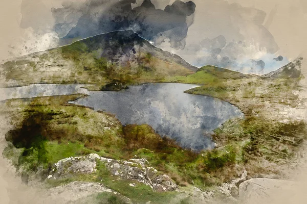 Pintura Aquarela Digital Imagem Paisagem Noturna Lago Llyn Dywarchen Parque — Fotografia de Stock