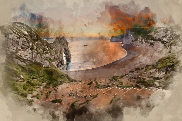 Digitální Akvarel Obraz Ohromující Krajiny Západu Slunce Durdle Door — Stock fotografie