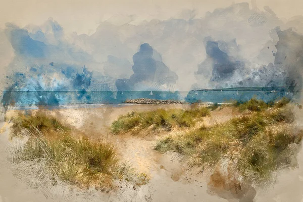 Цифровая Акварельная Живопись Красивых Песчаных Дюн Пляжного Пейзажа Солнечный Летний — стоковое фото
