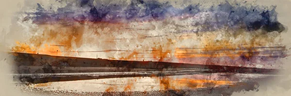 Digital Watercolor Painting Beautiful Sunrise Panorama Landscape Reflected Pools Beach — Stock Photo, Image