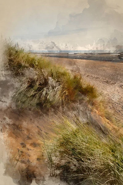 Aquarelle Numérique Evening Summer Paysage Sur Les Dunes Sable Herbeux — Photo