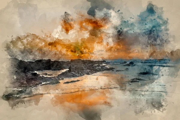 Digital Watercolor Painting Beautiful Sunset Landscape Image Freshwater West Beach — Stock Photo, Image