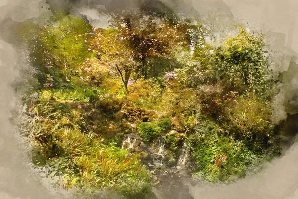 农村瀑布中流过岩石的美丽夏季风景图像的数字式水彩画 — 图库照片