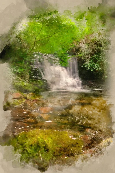 Digital Watercolor Painting Lush Green Forest Scene Waterfall Flowing Rocks — Stock Photo, Image