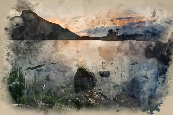 Digitális Akvarell Festmény Gyönyörű Napfelkelte Tükröződik Nyugodt Cregennen Tavak Snowdonia — Stock Fotó