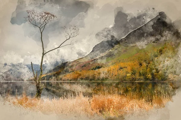 Digitale Aquarel Schilderij Van Prachtige Herfst Herfst Landschap Beeld Van — Stockfoto