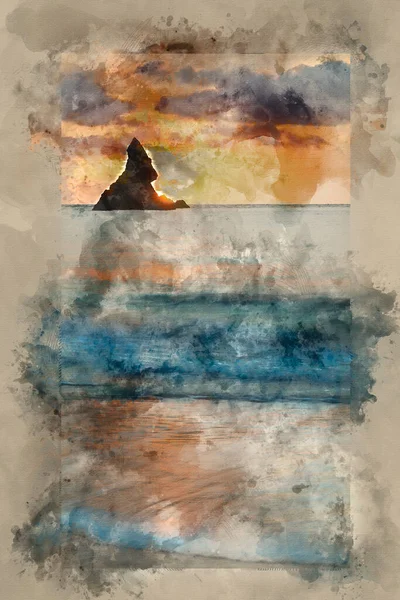 Cyfrowy Obraz Akwarelowy Oszałamiający Wschód Słońca Krajobraz Idyllicznej Plaży Broadhaven — Zdjęcie stockowe
