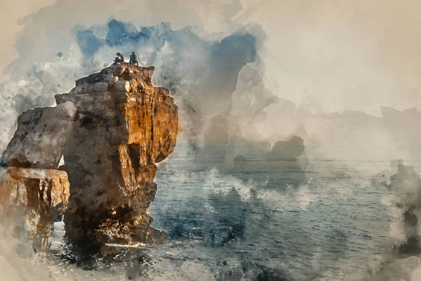 Cyfrowe Malarstwo Akwarelowe Skalistego Krajobrazu Urwiska Zachodem Słońca Nad Oceanem — Zdjęcie stockowe